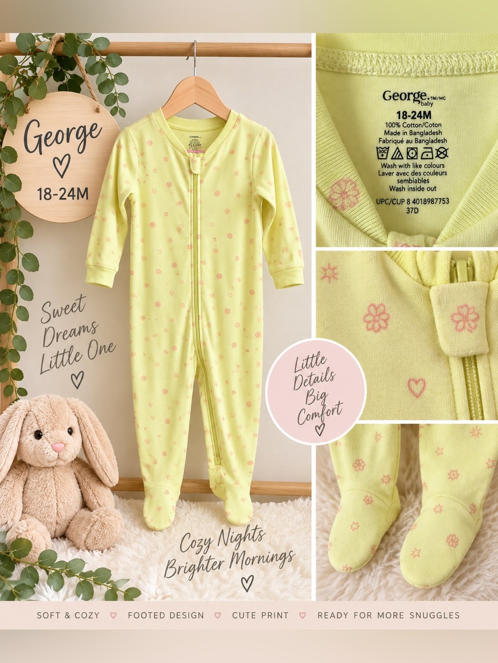 George Baby 18–24M Yellow Floral Footed Sleeper Zip-Up Pajamas